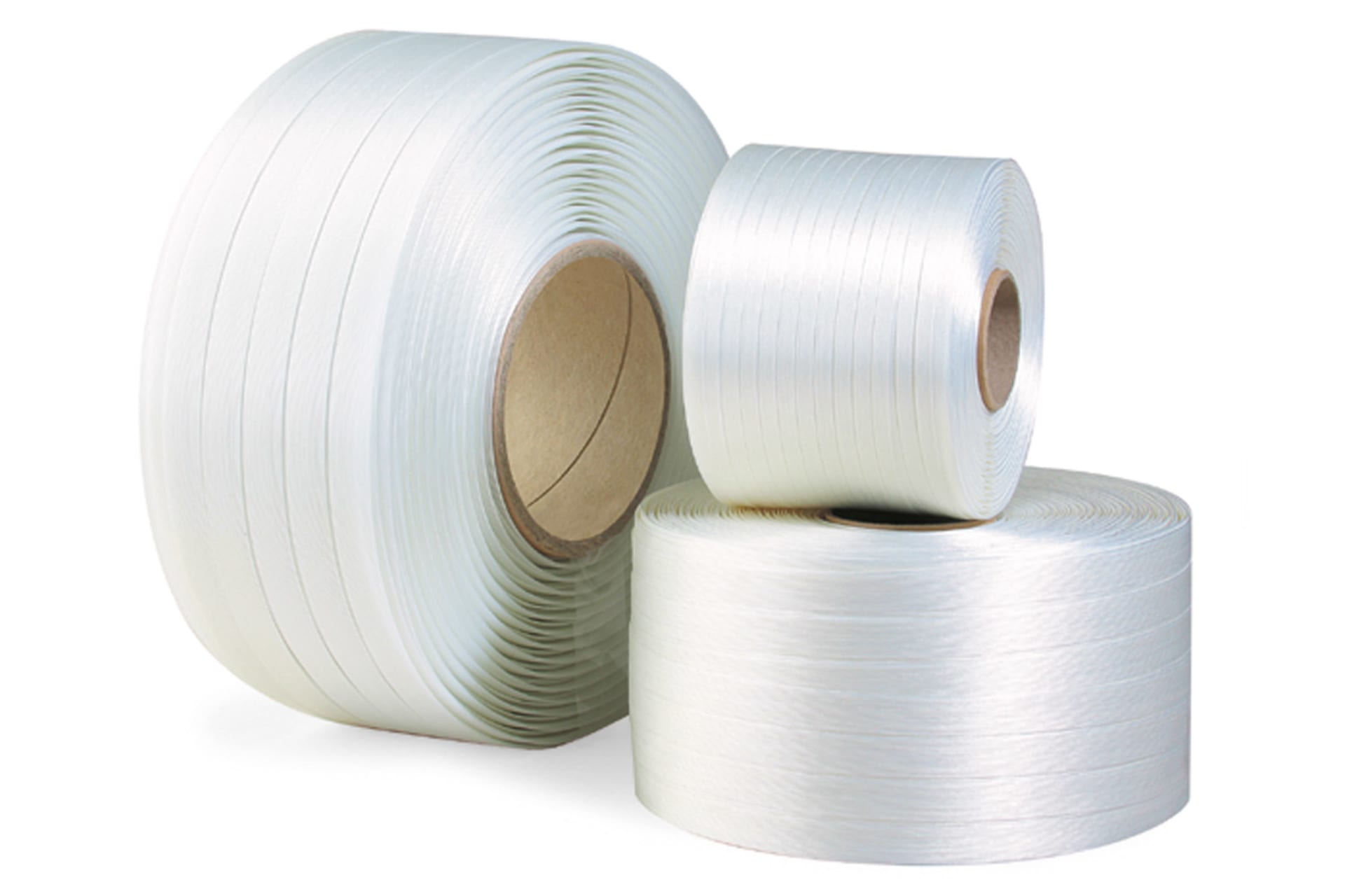 Polyesterband, fadenverstärkt, 13mm breitx1100lfm, weiß, Reißfestigkeit 380kp, Kerndurchm. 76mm