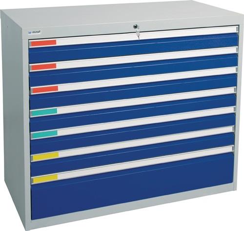 Schubladenschrank H900xB1000xT500mm grau/blau 6x100,1x200mm Schubl. || VE = 1 ST